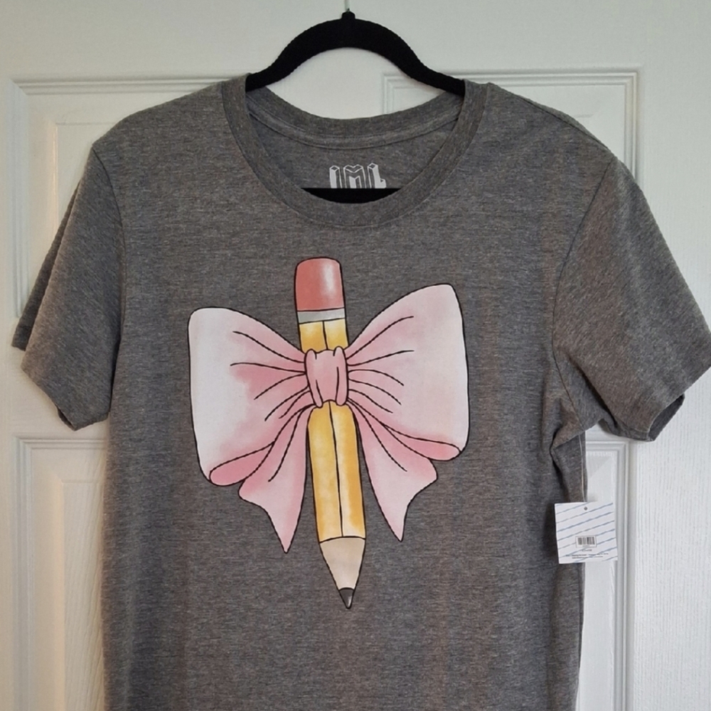 Gray Tee Shirt with Pink Bow & Pencil Design